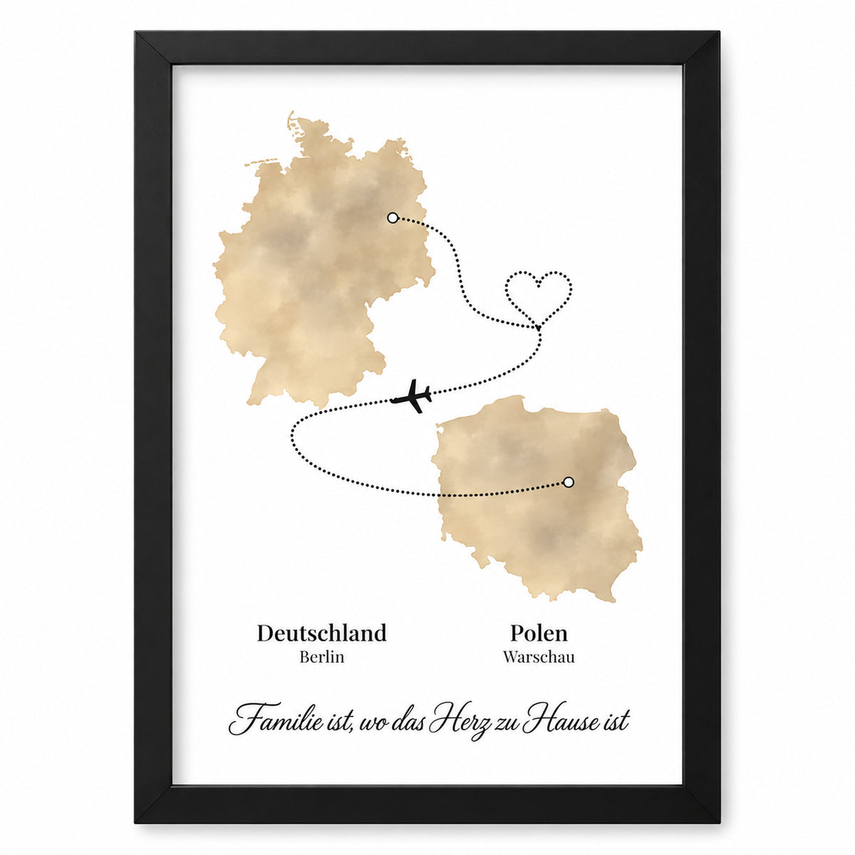 [DE] Personalisiertes Poster mit Deutschland und Polen, Flugroute zwischen Berlin und Warschau und Familienspruch.