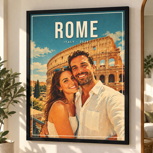 [US] Custom Vintage Travel Poster From Your Photo - framed poster in a cozy living room