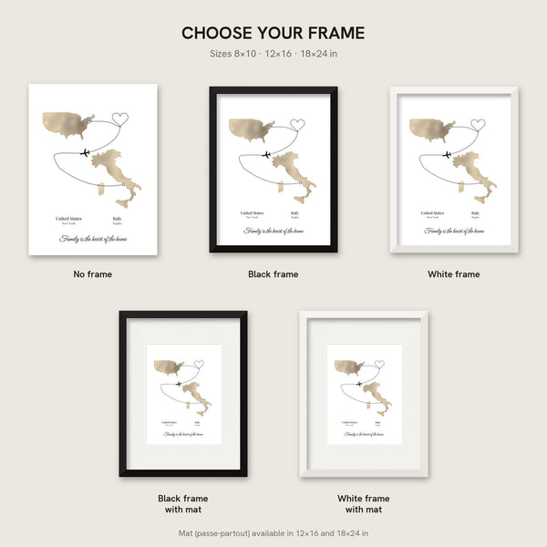 [US] Two Countries, One Story — Map Route With a Heart - frame options: no frame, black, white, with mat
