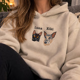 [DE] Beiger Hoodie mit bestickten Tierporträts und Namen Luna und Kiki