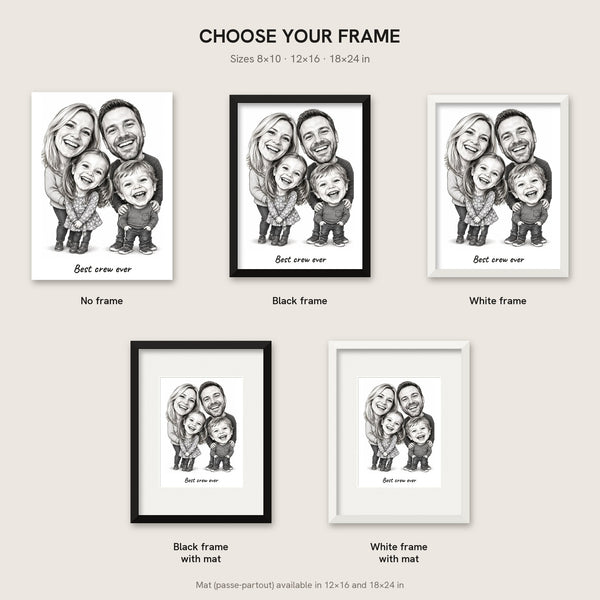 [US] Caricature From Your Photo - frame options: no frame, black, white, with mat