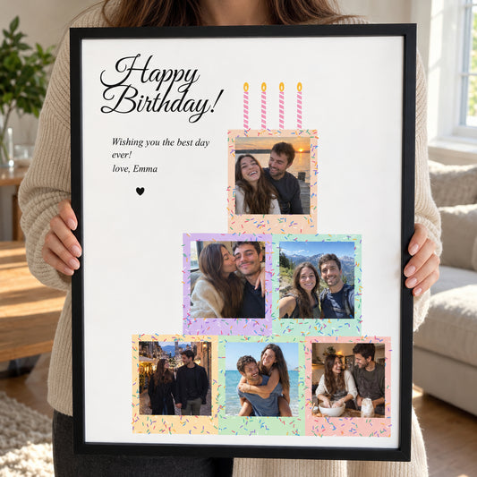 [US] Birthday Cake Photo Collage Poster - framed poster held in hands