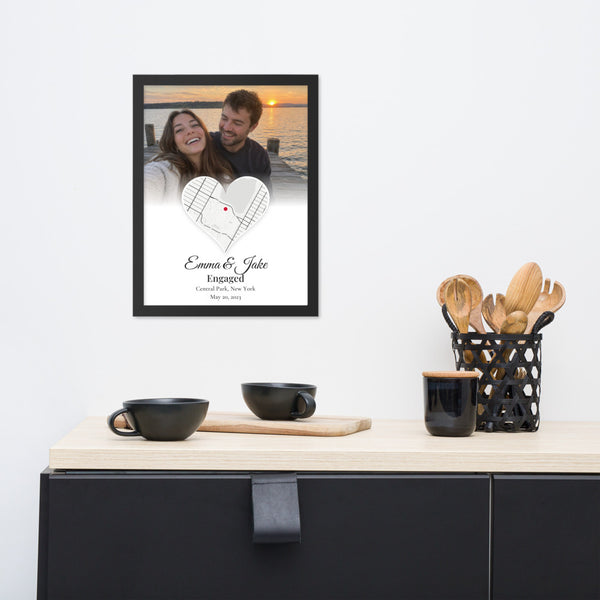 [US] Your Photo and Map in a Heart - framed poster on a dresser
