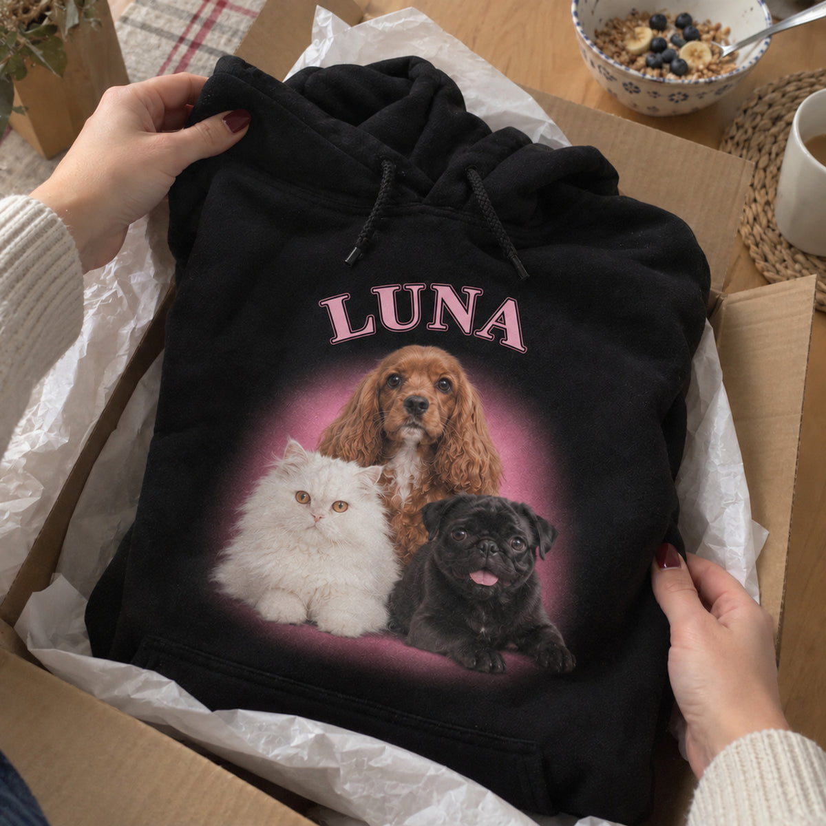 [DE] Kleidung mit Haustiercollage und dem Namen LUNA.