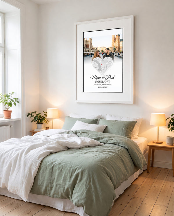 [DE] Personalisiertes Fotoposter mit Herzkarte von Düsseldorf, Marie & Paul und Unser Ort.