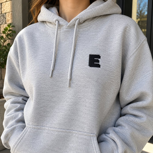 [US] Bold Initial Embroidered Sweatshirt - gray hoodie worn at home