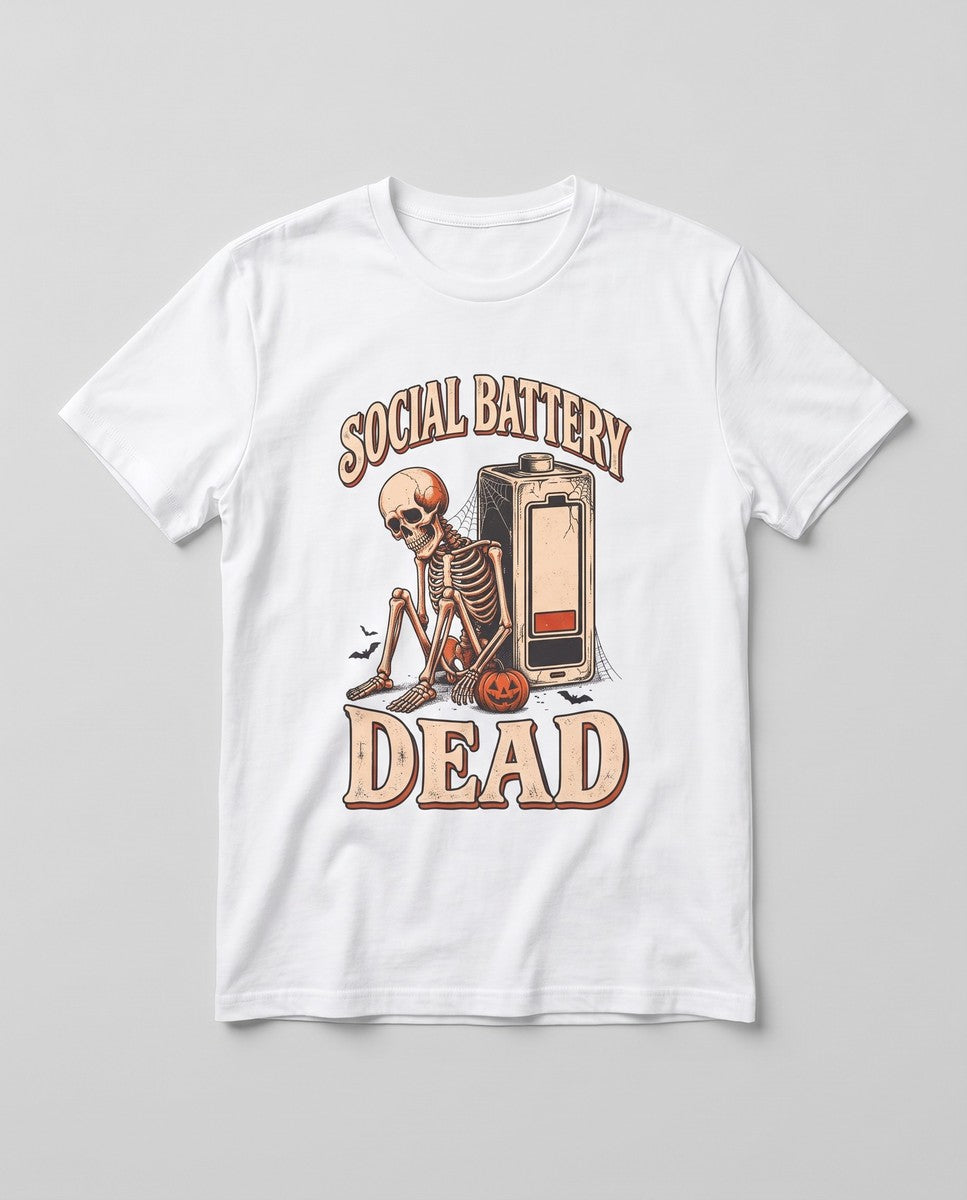 White Social Battery Dead t-shirt, vintage Halloween front print