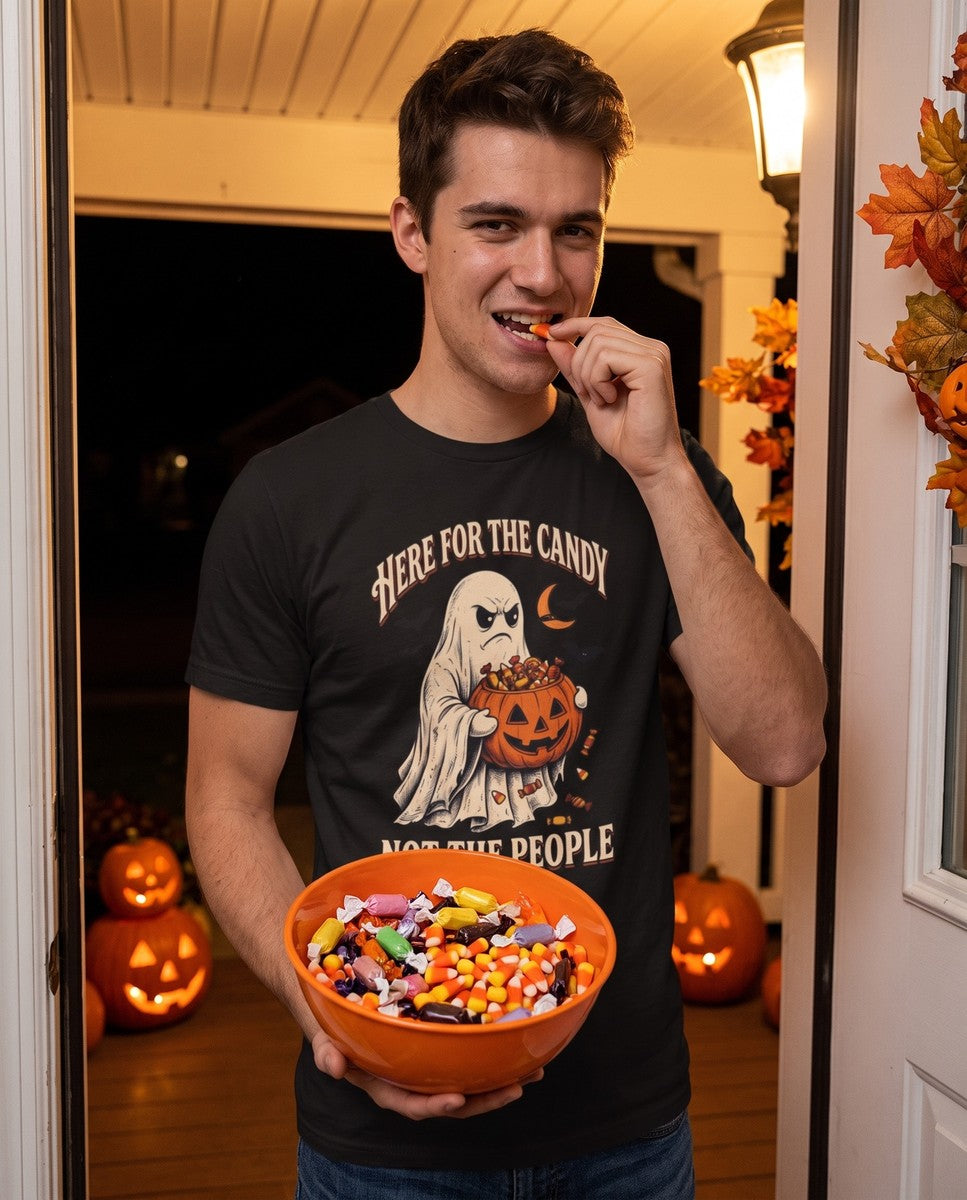 Person wearing the black Here For The Candy Not The People t-shirt
