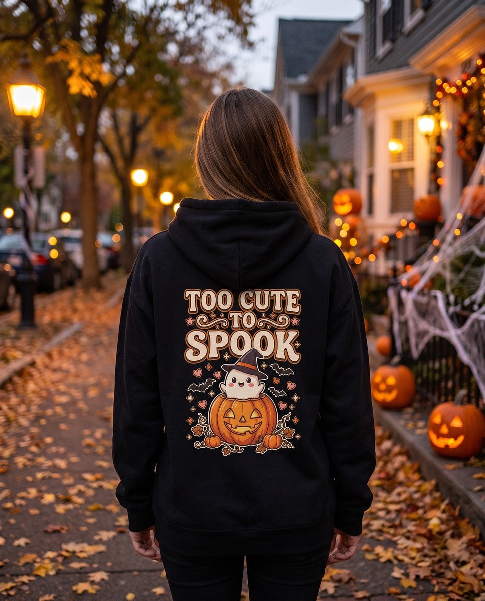 Person seen from behind in the black Too Cute To Spook hoodie