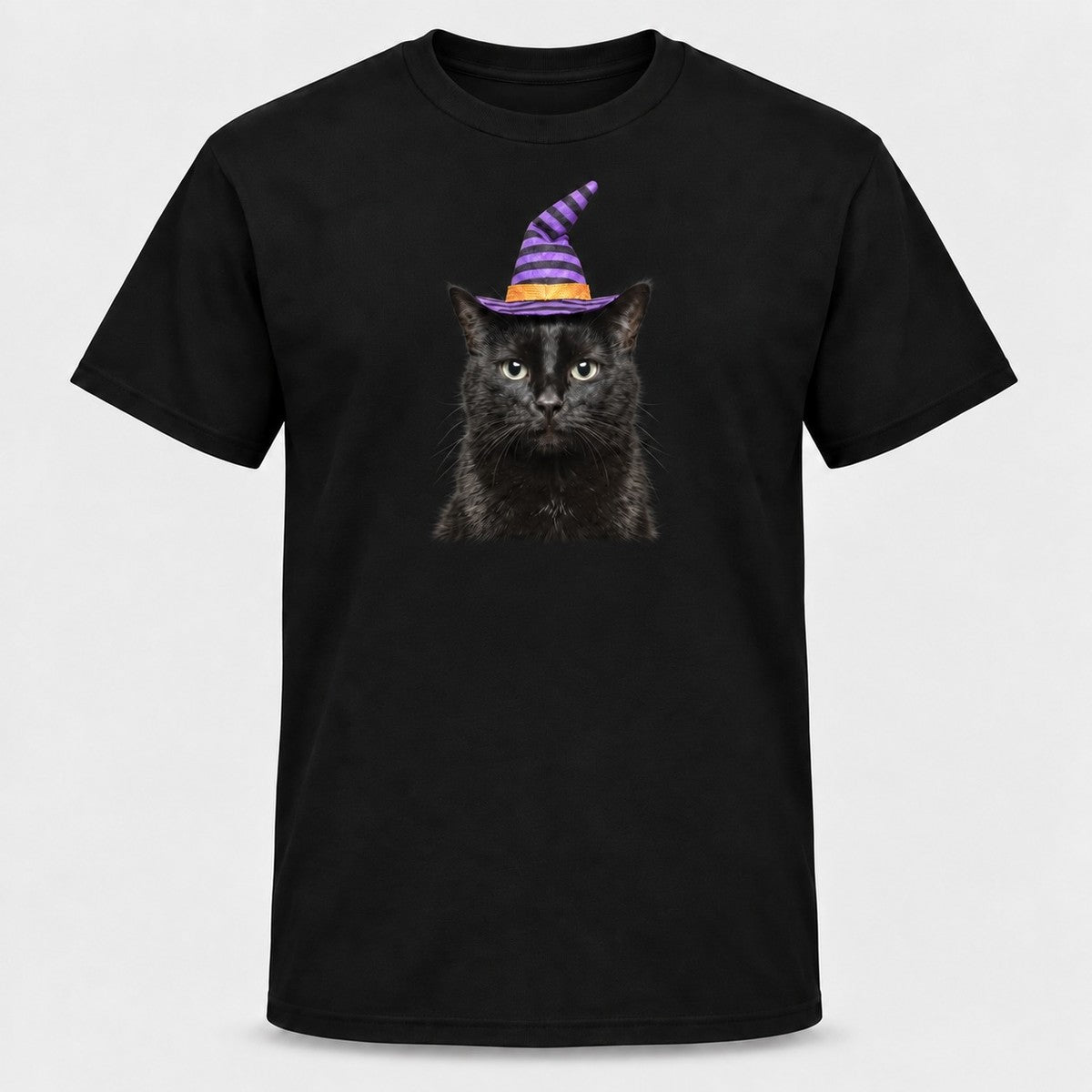 Black t-shirt with a real black cat in a witch hat printed on the front
