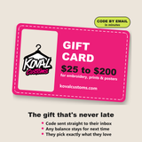 Koval Customs gift card from $25 to $200, sent by email