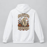 White Haunted By My Own Decisions hoodie, vintage ghost Halloween back print
