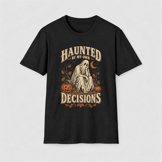 Black Haunted By My Own Decisions tee with a vintage ghost on a log and pumpkins, front print