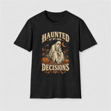 Black Haunted By My Own Decisions tee with a vintage ghost on a log and pumpkins, front print