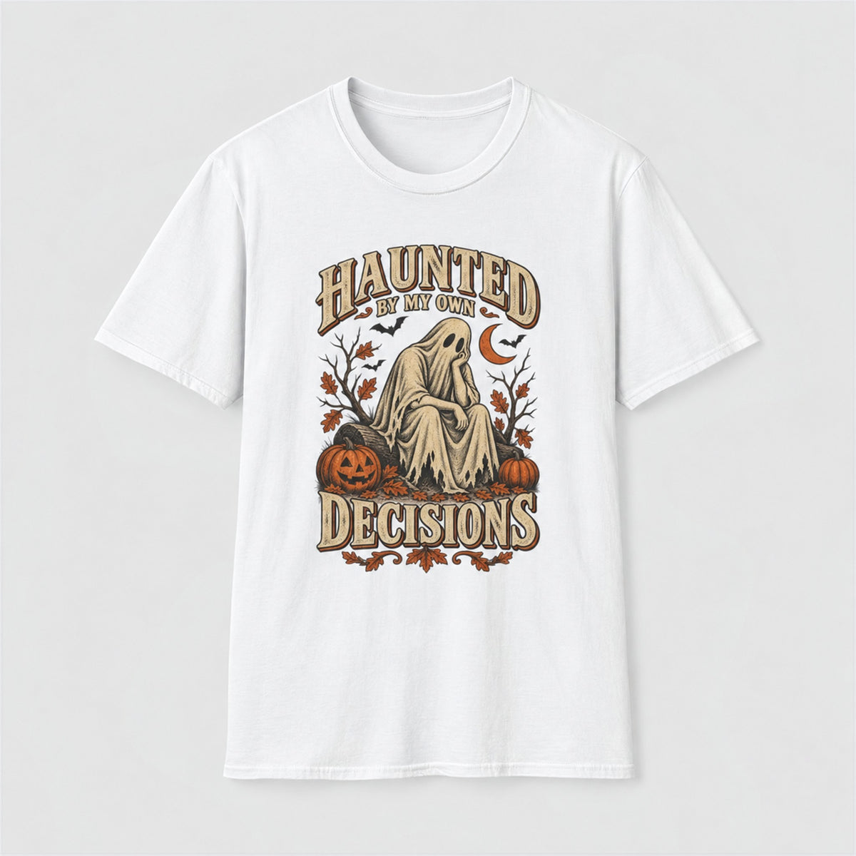 White Haunted By My Own Decisions tee with a vintage ghost on a log and pumpkins, front print