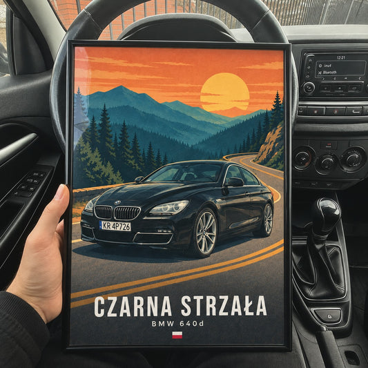 Plakat z autem w ilustrowanym krajobrazie trzymany w samochodzie