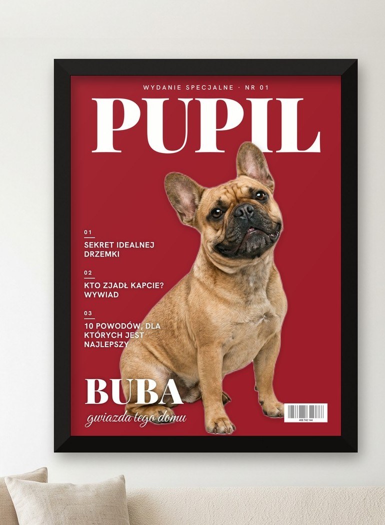 Plakat PUPIL z psem na okładce magazynu w ramie