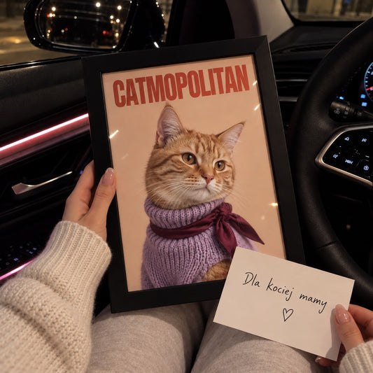 Plakat CATMOPOLITAN z kotem w ramie, kartka Dla kociej mamy