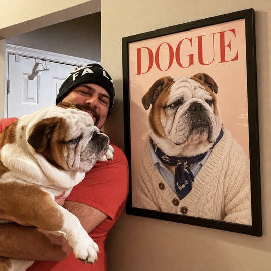 DOGUE poster with a bulldog on the wall, owner with the dog beside it