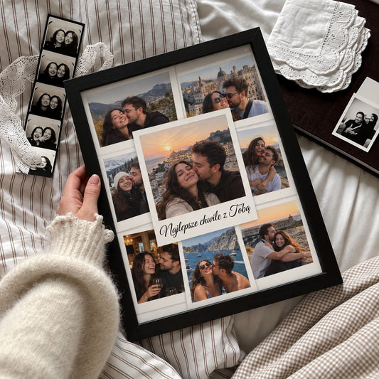 Kolaż polaroidów Najlepsze chwile z Tobą w ramie na łóżku