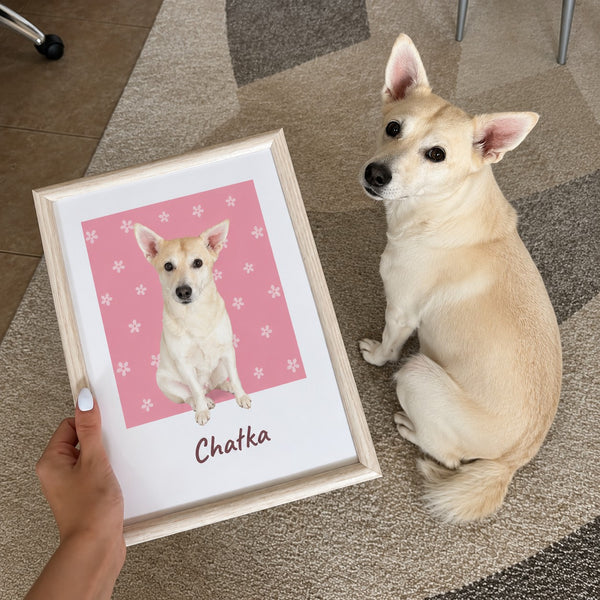 Framed portrait of a dog with the same dog beside it