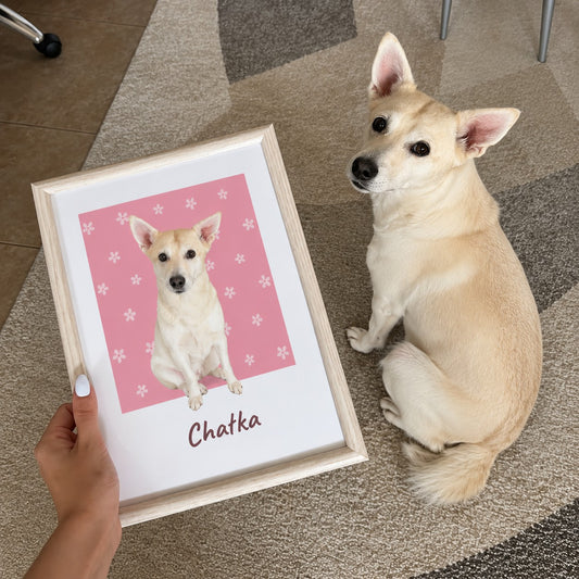 Framed portrait of a dog with the same dog beside it