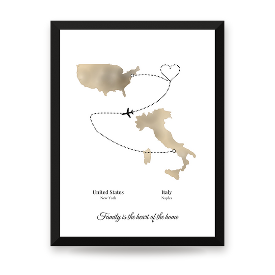 [US] Two Countries, One Story — Map Route With a Heart - framed poster