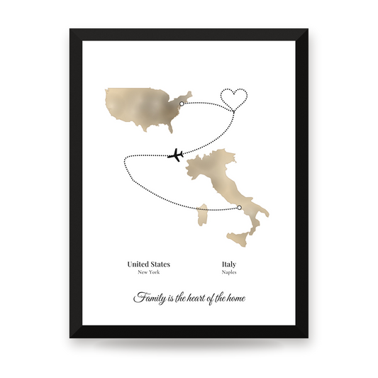 [US] Two Countries, One Story — Map Route With a Heart - framed poster