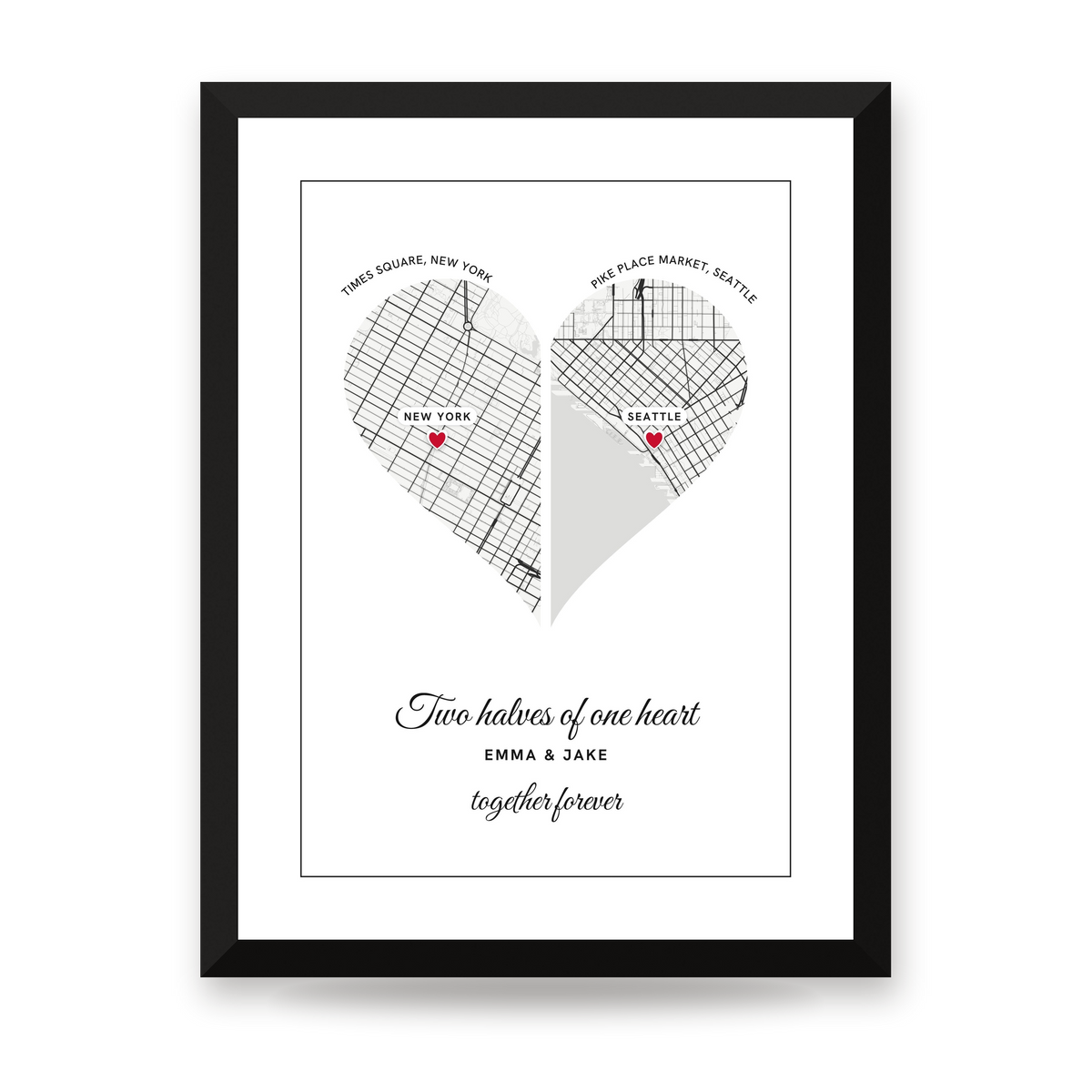 [US] Two Halves of One Heart — Two City Maps - framed poster