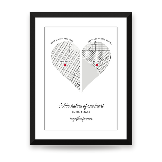 [US] Two Halves of One Heart — Two City Maps - framed poster