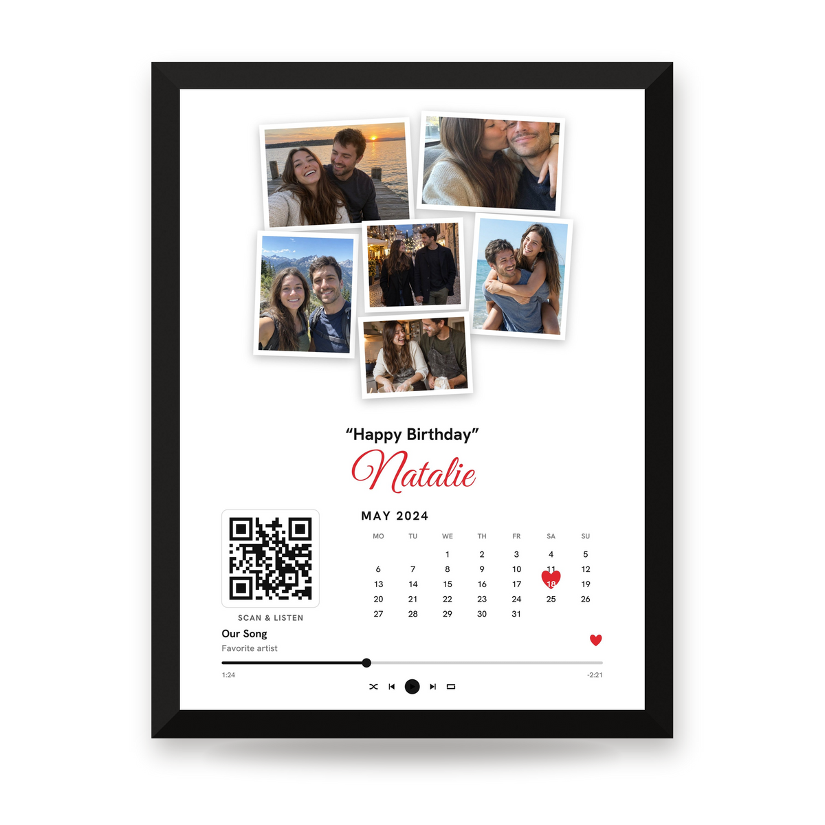 [US] Photo Collage With Calendar, Heart and Song QR Code - framed poster