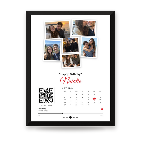 Custom Photo Collage Poster With Calendar, Heart and Song QR Code
