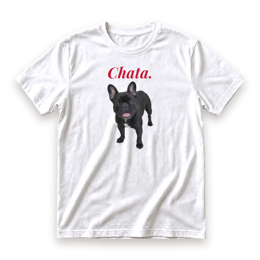 White shirt printed with a dog from your photo and a hand-lettered name