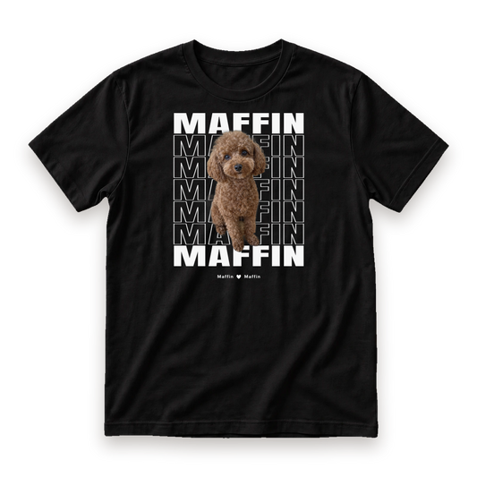 Black shirt with a repeated dog name and dog from your photo