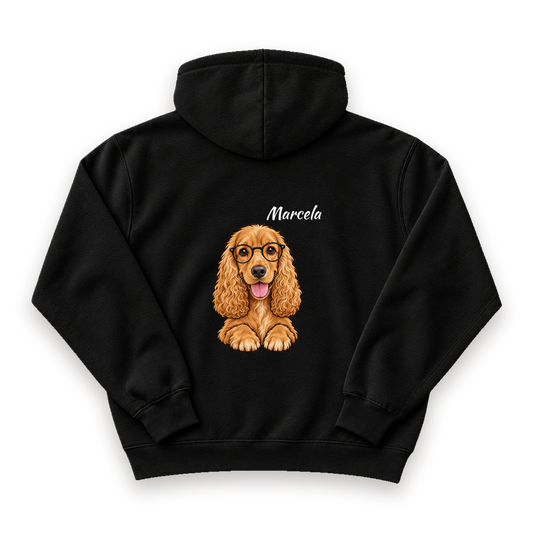 Black hoodie with a dog illustration and name printed on the back