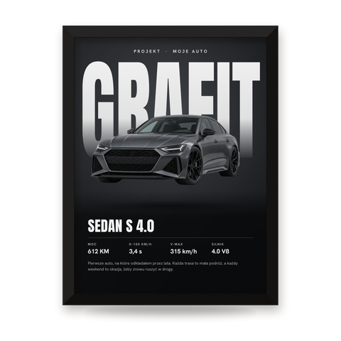 Twoje auto na tle wielkiego napisu – plakat ze specyfikacją