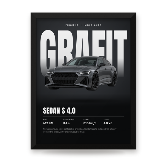 Twoje auto na tle wielkiego napisu – plakat ze specyfikacją – Koval Customs