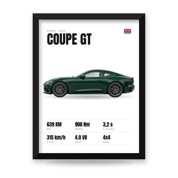 Biały plakat auta coupe ze specyfikacją i flagą