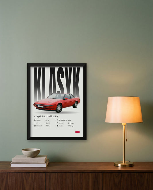 Plakat z autem ze specyfikacją w czarnej drewnianej ramie na ścianie