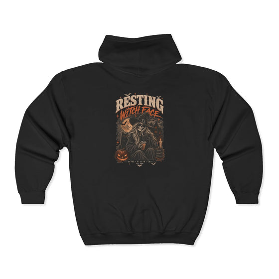 Black Resting Witch Face zip hoodie, back print