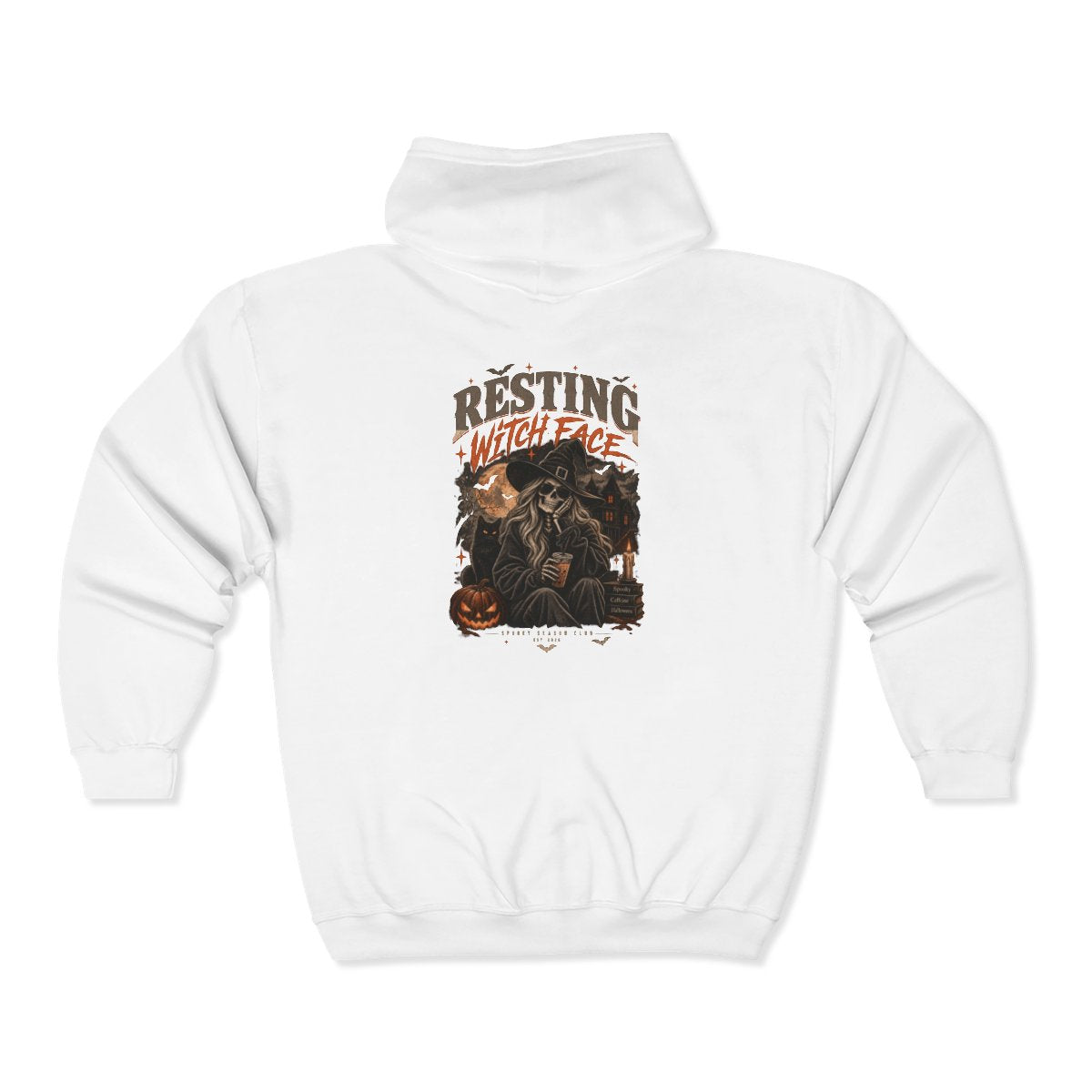 White Resting Witch Face zip hoodie, back print