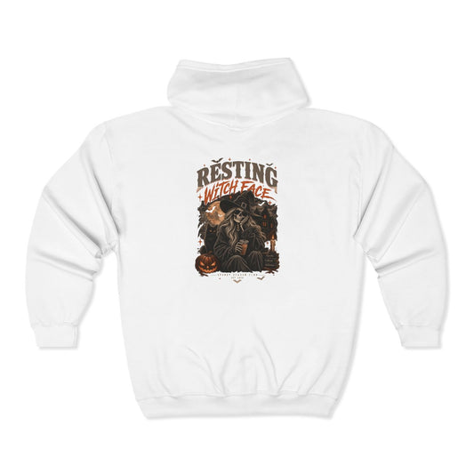 White Resting Witch Face zip hoodie, back print