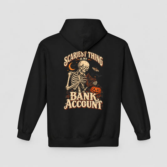 Black Scariest Thing Is My Bank Account hoodie, vintage skeleton Halloween back print