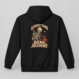 Black Scariest Thing Is My Bank Account hoodie, vintage skeleton Halloween back print