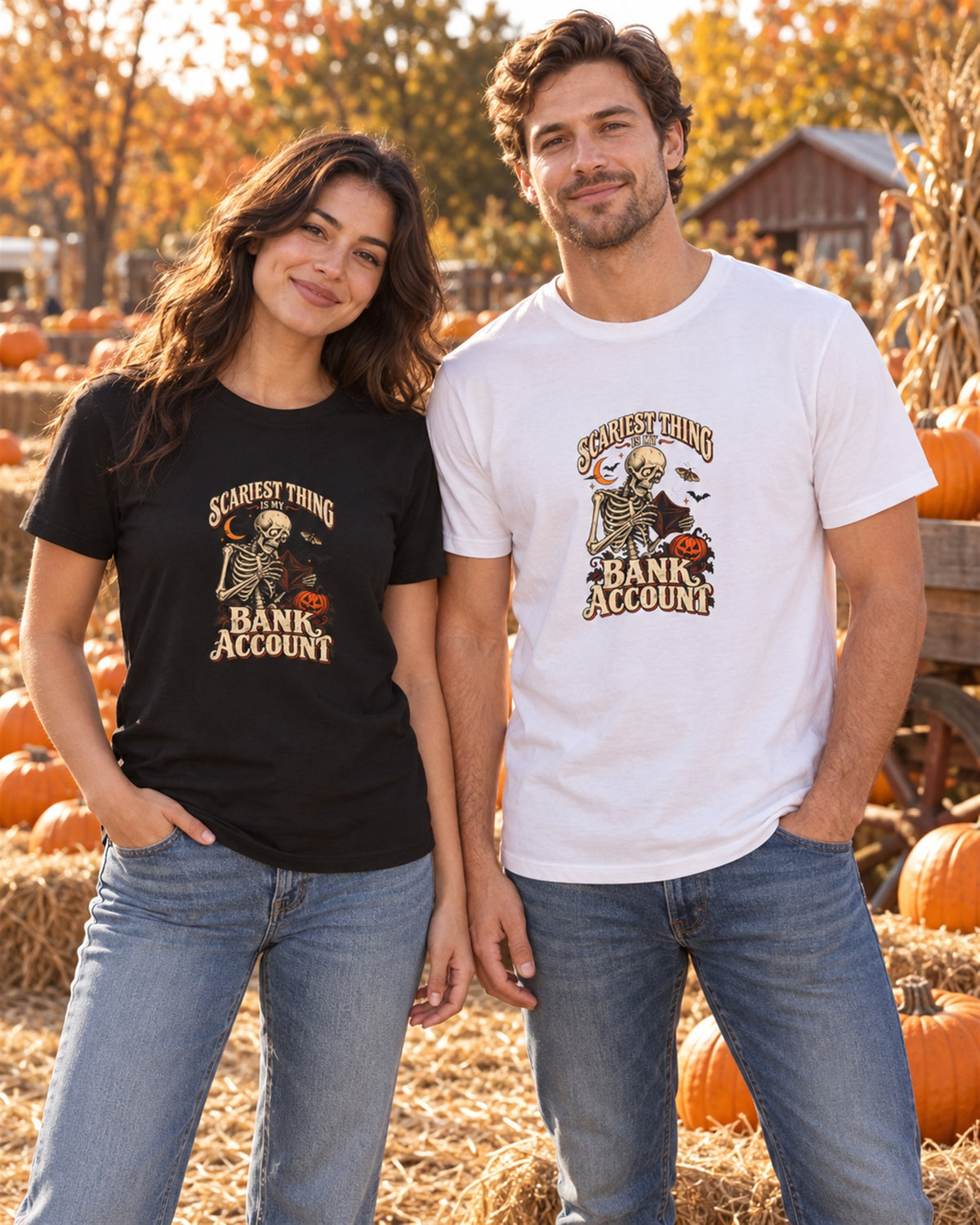 Couple at a pumpkin patch wearing the black and white Scariest Thing Is My Bank Account tees