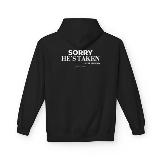 Black Sorry He's Taken hoodie, back print