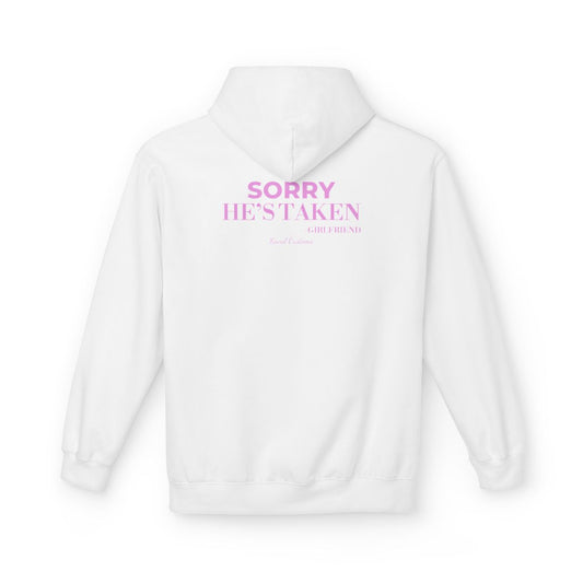 White Sorry He's Taken hoodie, back print