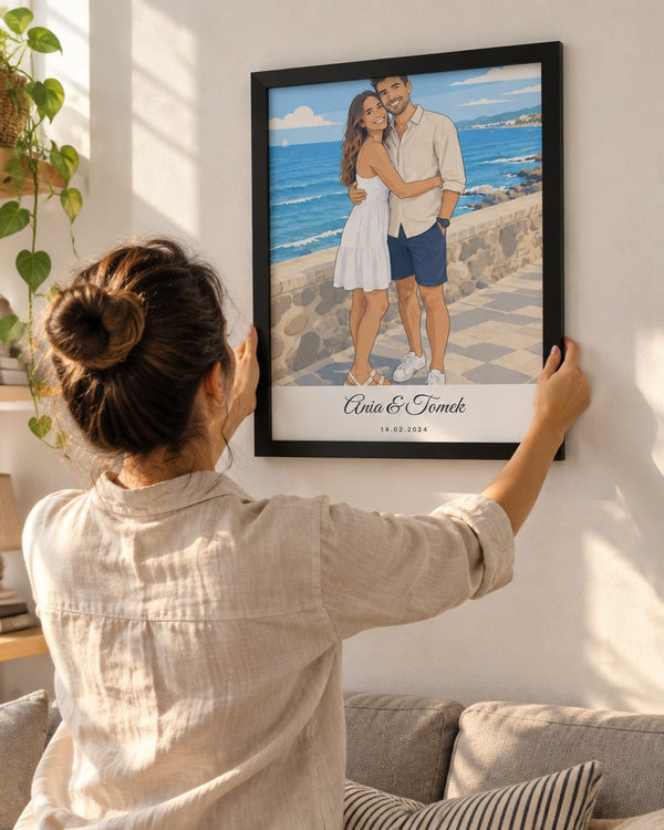 Portret pary – wieszanie plakatu w salonie
