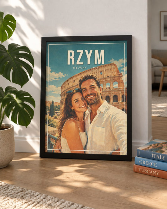 Plakat podróżniczy vintage oparty o ścianę