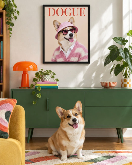 DOGUE na ścianie, pies obok